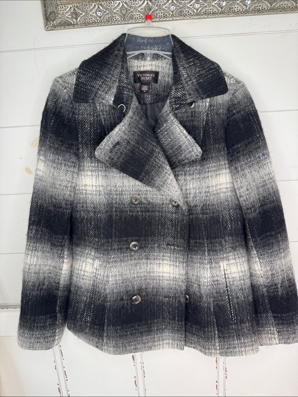 Victoria's Secret Black & Gray Ombre Plaid Double-Breasted Peacoat